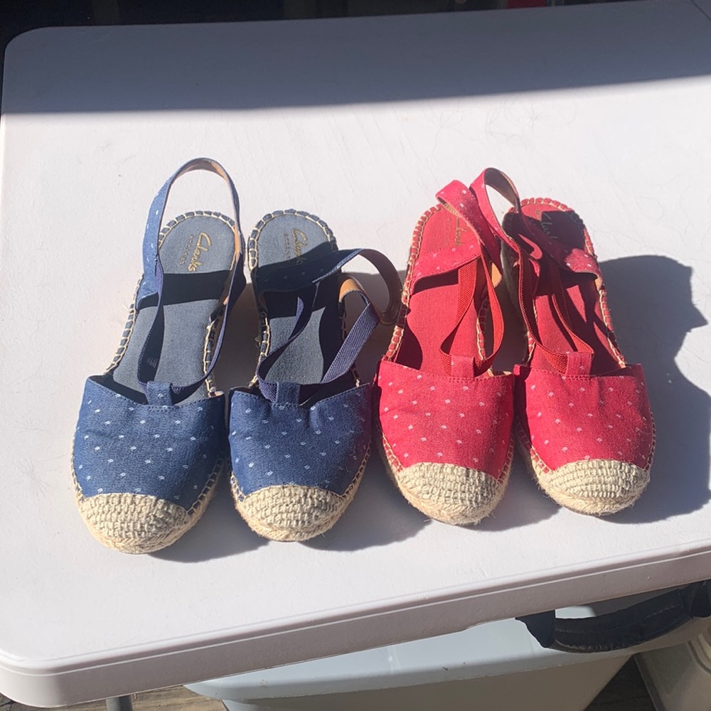 Really cute Clarks sandals. Size 8. 2 pairs, red and blue!